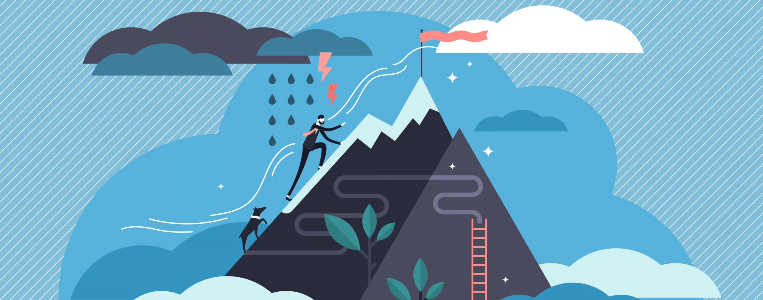 Person climbing a mountain toward a flag at the top — representing the effort and belief that change is possible