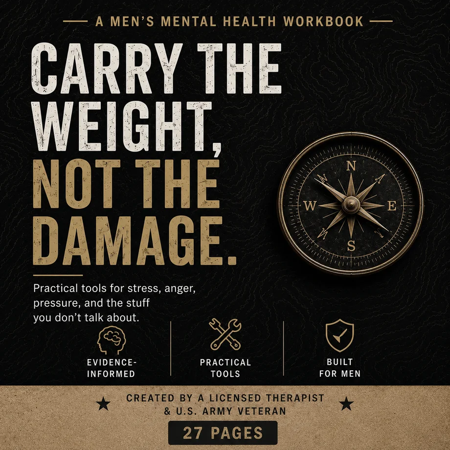 Cover of Carry the Weight, Not the Damage, a men's mental health workbook by David Robles, LMSW. Practical tools for stress, anger, pressure, and the stuff you don't talk about. 27 pages.